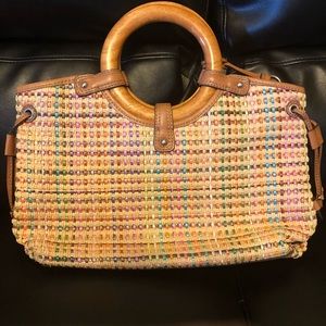 Fossil woven handbag wood handle